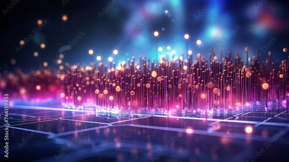 Big data and cybersecurity 3D illustration. Neural network and cloud technologies. Global database and artificial intelligence. Bright, colorful background with bokeh effect