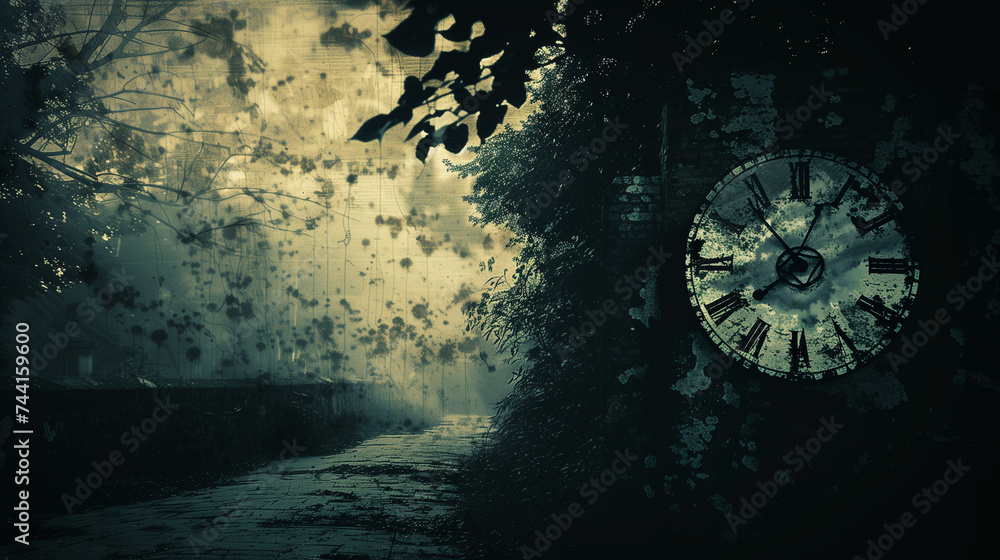 Vintage clock on a grungy wall with floral overgrowth, evoking themes of passing time and nostalgia, suitable for book covers, artistic projects, and introspective social media posts. - obrazy, fototapety, plakaty 
