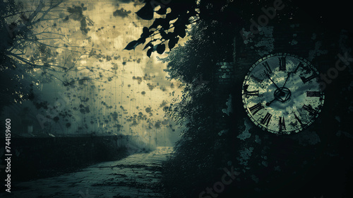Vintage clock on a grungy wall with floral overgrowth, evoking themes of passing time and nostalgia, suitable for book covers, artistic projects, and introspective social media posts.