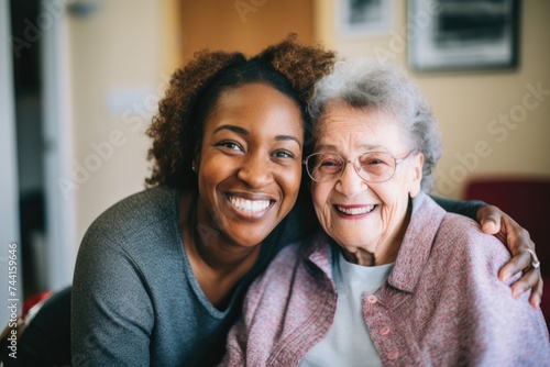 Portrait of a young female caregiver with senior patient at home © Baba Images