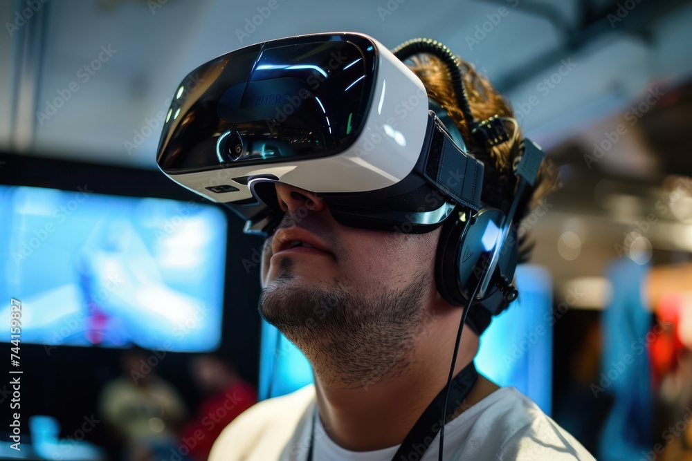 Man using virtual reality headset with immersive technology Man using virtual reality headset with immersive technology