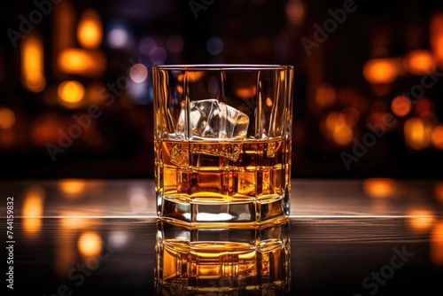 Whiskey glass with ice on wooden bar counter with warm bokeh lights background