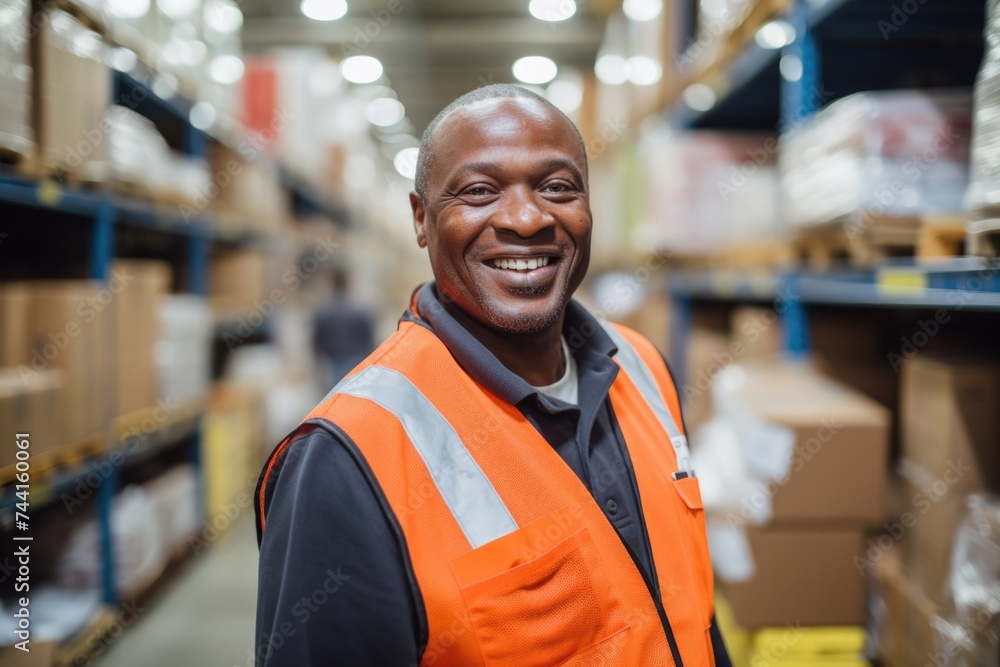 Smiling portrait of young man in warehouse Smiling portrait of young man in warehouse