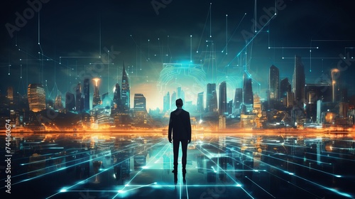 Business technology concept, Professional business man walking on future network city background and futuristic interface graphic at night, Cyberpunk color style