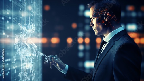 Businessman on blurred background using digital artificial intelligence interface 3D rendering