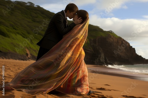 A newlywed couple shares a tender kiss on a serene beach at sunset, surrounded by a warm, golden glow, capturing the essence of love and romance. photo
