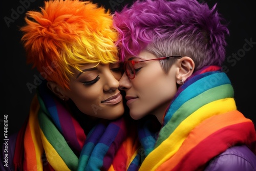 Two women with orange and purple hair embrace in front of a rainbow flag on a black background. Their expressions radiate love and acceptance, showing diversity and connection.