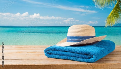 blue towel with hat and summer beach © Ashleigh