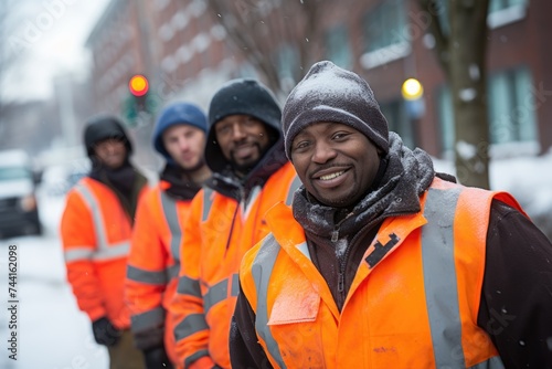 Sanitation worker in high visibility jacket outside during winter