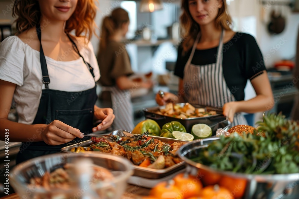 A diverse group of women, dressed in vibrant clothing, gather around a bountiful buffet table overflowing with delicious and locally-sourced food, as they bond over their shared love for cooking and A diverse group of women, dressed in vibrant clothing, gather around a bountiful buffet table overflowing with delicious and locally-sourced food, as they bond over their shared love for cooking and