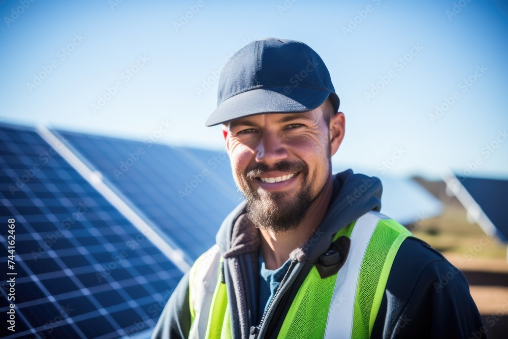 Happy Engineer with Hard Hat at Solar Farm Happy Engineer with Hard Hat at Solar Farm