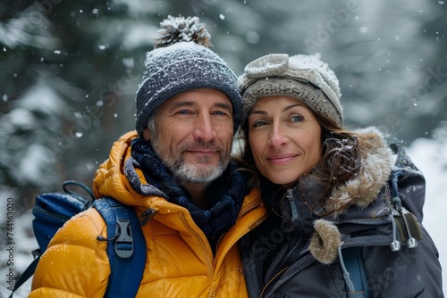 A couple embraces the winter chill with warm smiles, donning jackets and parkas as they pose in the snow-covered park