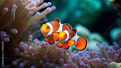 Clownfish shelters in its host anemone on a tropical coral reef