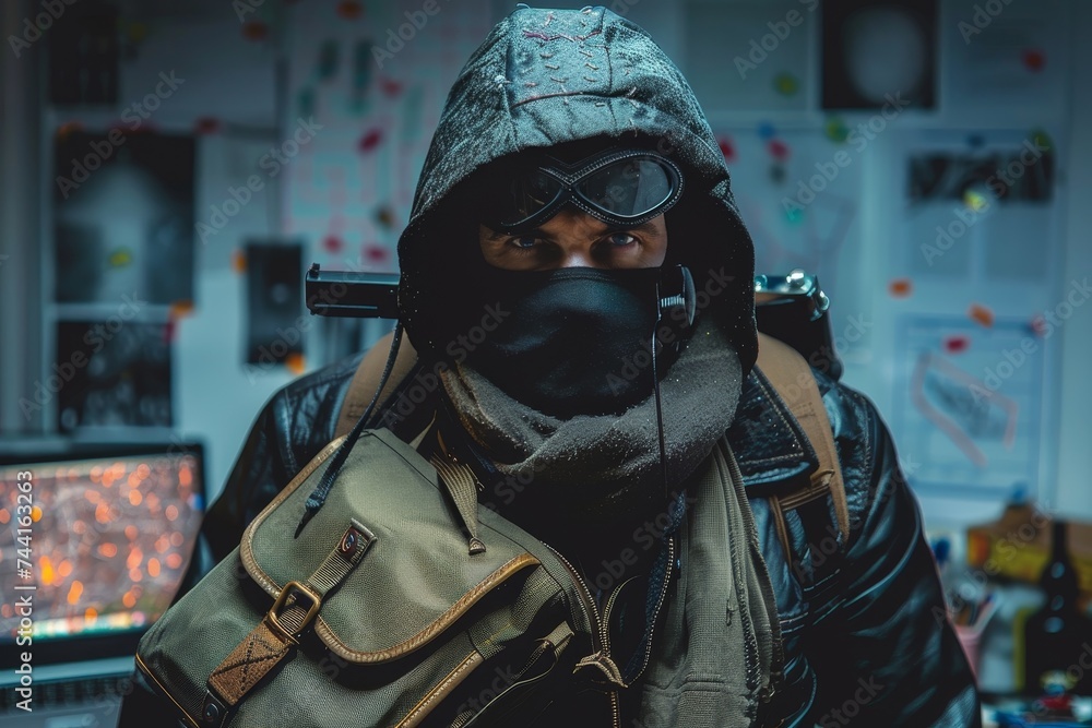 A masked and goggled man stands indoors, concealing his human face and adding an air of mystery to his clothing and person A masked and goggled man stands indoors, concealing his human face and adding an air of mystery to his clothing and person