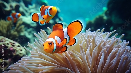 Clownfish shelters in its host anemone on a tropical coral reef photo