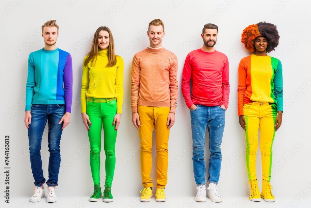 Obraz premium LGBTQ Pride group. Rainbow abundance colorful happiness diversity Flag. Gradient motley colored assurance LGBT rights parade festival considerate behavior diverse gender illustration