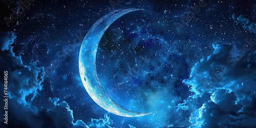 Serene Crescent Embrace in Ramadan s Night Sky - Tranquility and Radiance - Soft Moonlight - Capturing the beauty of the crescent moon illuminating the Ramadan night