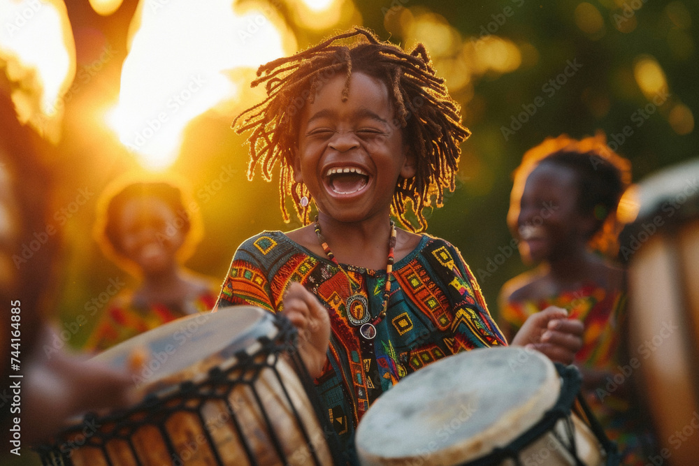 A child bouncing to the rhythm of a drum circle in the park, their laughter mingling with the beats.