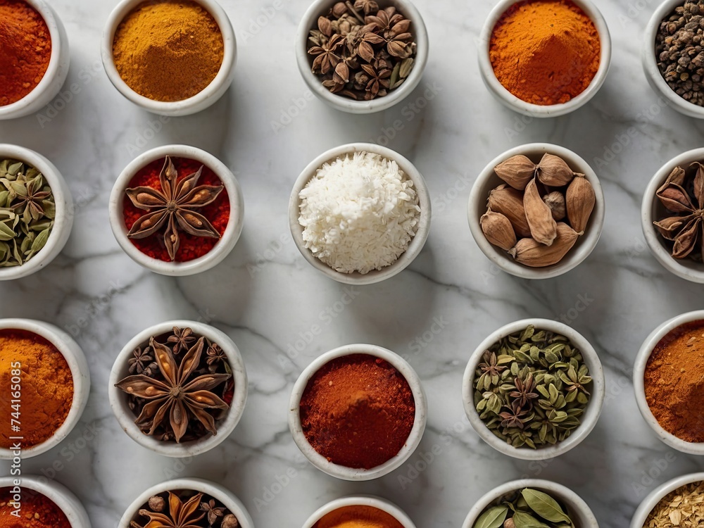 Bright aromatic set of spices on white marble table top view - culinary aromatic spice set with a variety of bright and aromatic ingredients. Spices presented on white marble