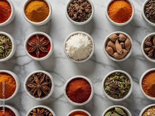 Bright aromatic set of spices on white marble table top view - culinary aromatic spice set with a variety of bright and aromatic ingredients. Spices presented on white marble