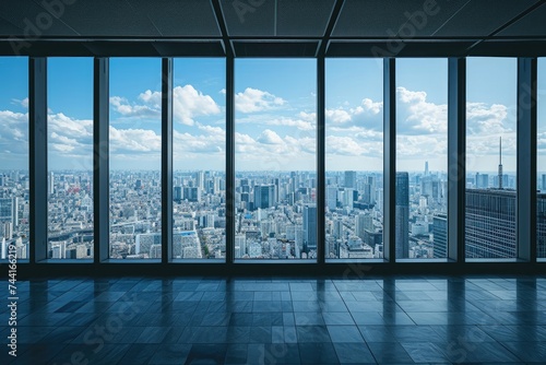 This photograph showcases an empty room with large windows offering a view of the bustling cityscape  Empty city skyline view from a high-rise corporate building  AI Generated