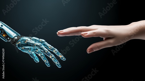 Female human hand and robot's as a symbol of connection between people and artificial intelligence technology isolated on blue for design © Elchin Abilov