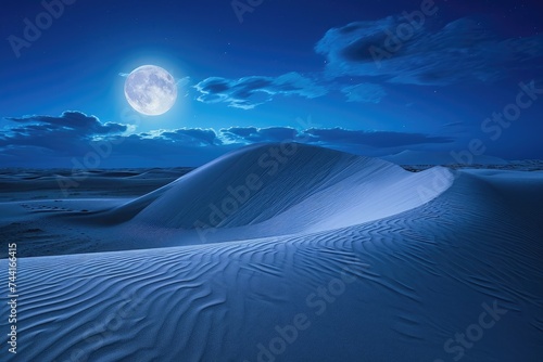 A stunning scene capturing a full moon descending over a vast and arid desert, Endless sand dunes bathed in moonlight, AI Generated