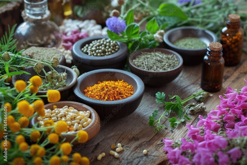A table displays a wide assortment of different types of herbs, creating a vibrant and aromatic scene, Exotic-looking medicinal herbs, AI Generated