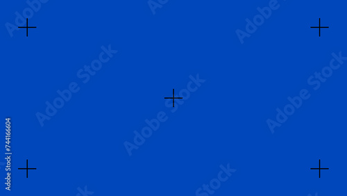 Blue screen motion tracking markers. Chroma key color video footage. VFX