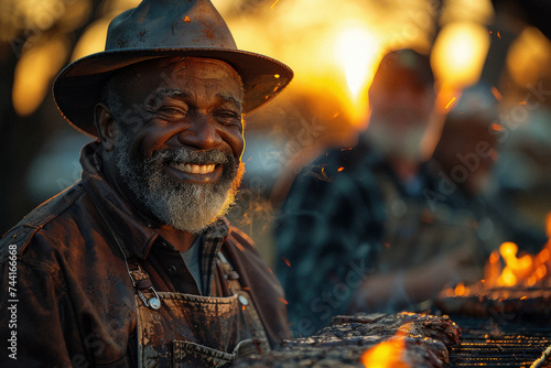 A group of veterans in uniform gathering for a barbecue, their laughter and stories filling the air with warmth and fellowship.