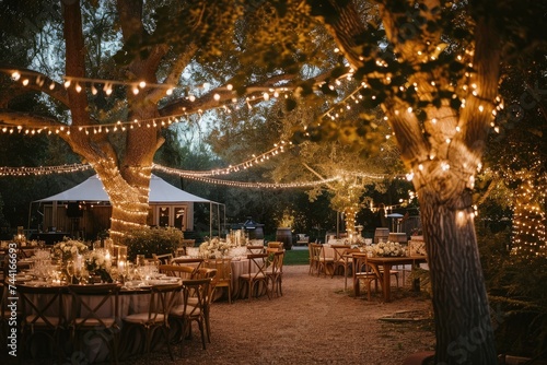 A wedding reception taking place outdoors under a tree adorned with fairy lights, creating a magical atmosphere, Exquisite outdoor wedding with fairy lights twinkling in the trees, AI Generated © Ifti Digital