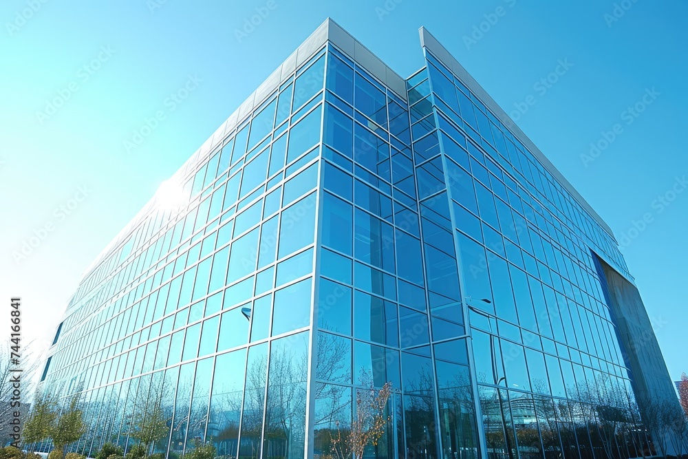 A Large Glass Building With Many Windows, Exterior shot of a sleek and shiny corporate building, AI Generated A Large Glass Building With Many Windows, Exterior shot of a sleek and shiny corporate building, AI Generated