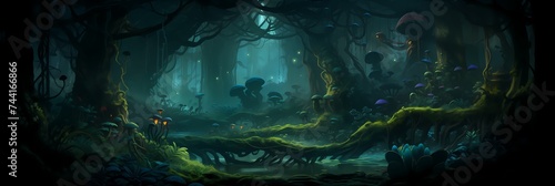 Dark Mysterious Forest Landscape Background image HQ Print 15232x5120 pixels. Neo Game Art V5 16
