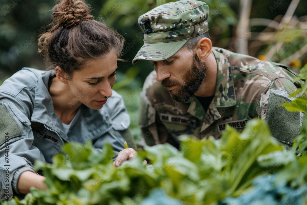 A military veteran in uniform and their partner gardening together, growing a space of beauty and recovery in their backyard.