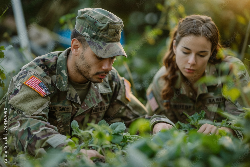 A military veteran in uniform and their partner gardening together, growing a space of beauty and recovery in their backyard.