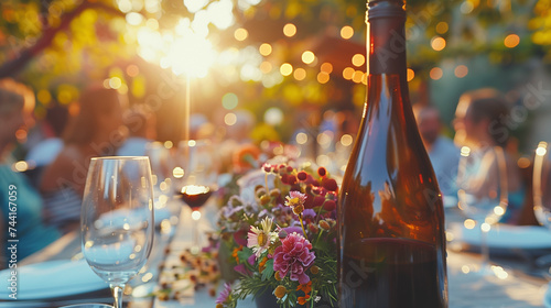 Close-up on a bottle of wine and wine glasses on a table in a backyard or a park while family and friends are having brunch or dinner in the back photo