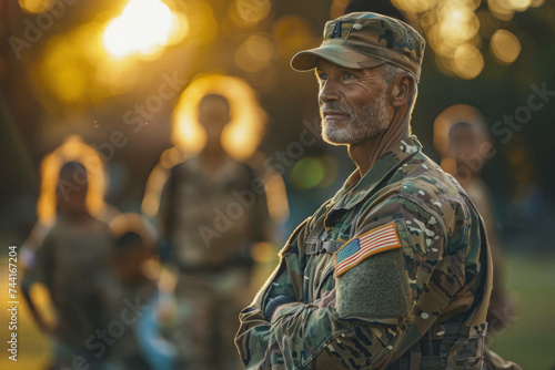 A military veteran in uniform coaching a youth sports team photo