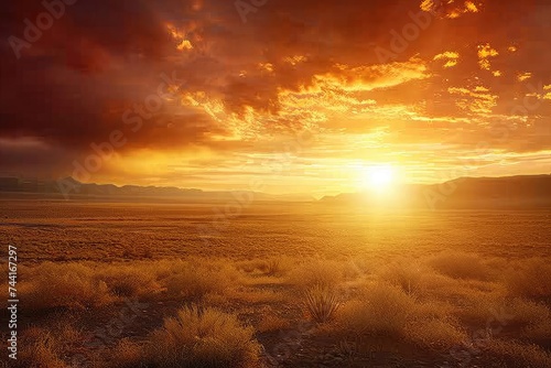 The sun descends below the horizon, casting a warm, orange glow over the vast desert landscape, Fiery sunset casting a golden glow over a sprawling desert, AI Generated