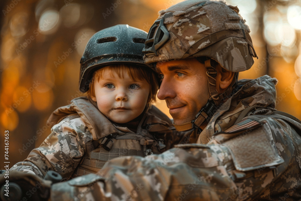 A military veteran in uniform teaching their child to ride a bike in a sunny park, a moment of joy and reconnection.