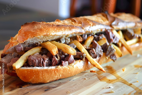 Mitraillette - Belgium - A baguette sandwich filled with fries, meat (often sausage or burger patties), and various sauces, popular in Belgian fast food culture photo