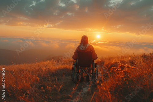 A person of varied abilities, in a wheelchair, reaching the top of a hill at sunrise, symbolizing achievement and self-respect.