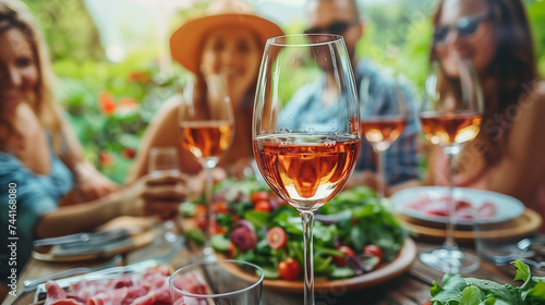 Close-up on a wine glasses with orange or rose wine on a table in a backyard or a restaurant while family and friends are having brunch or dinner in the back