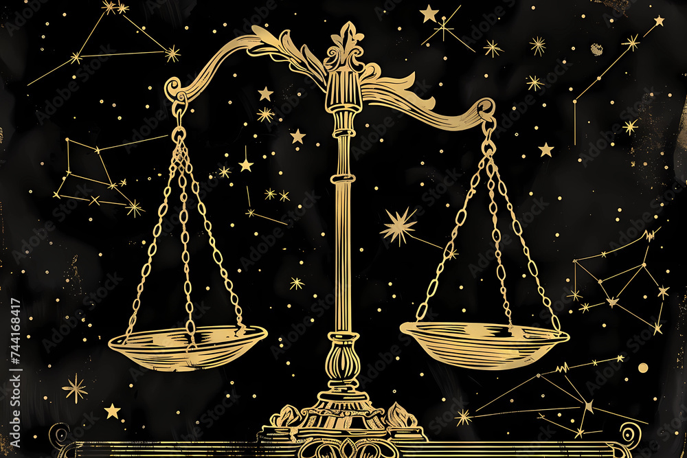 Libra, the 7th sign of the zodiac, encompasses individuals born between September 23 and October 22, characterized by their harmonious, diplomatic nature, seeking balance, fairness, and social harmony - obrazy, fototapety, plakaty 
