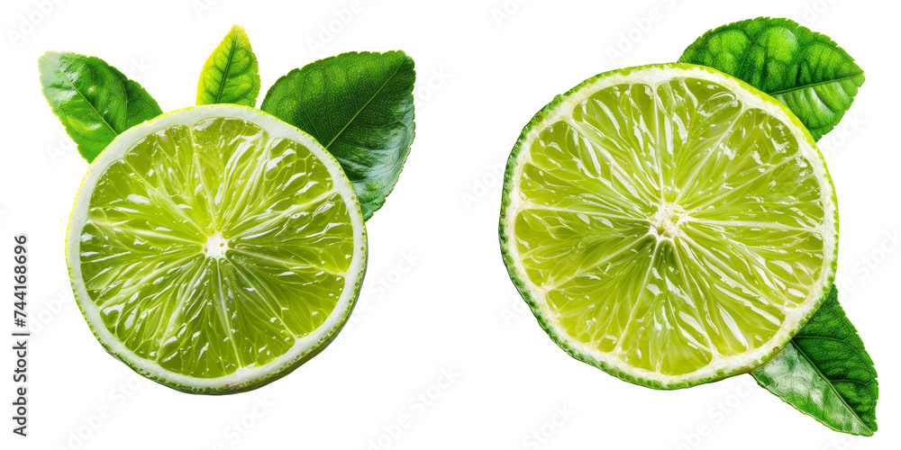 Fresh Lime Halves with Leaves Set Isolated on Transparent or White Background, PNG