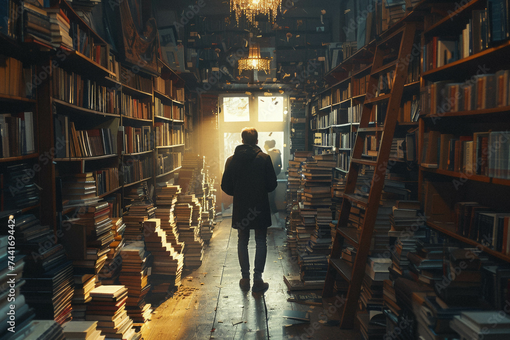 A tall person browsing books in a library, highlighting intellect and curiosity. - obrazy, fototapety, plakaty 