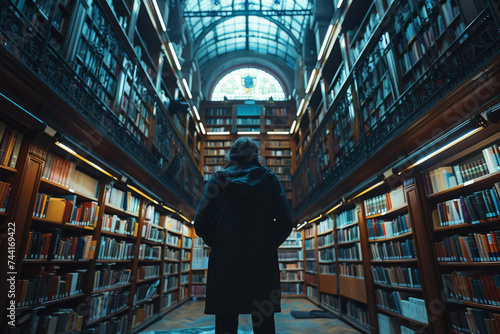 A tall person browsing books in a library, highlighting intellect and curiosity.