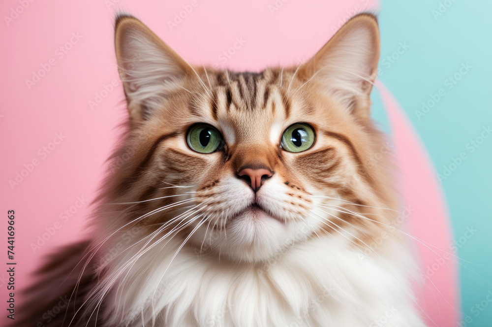 Obraz premium Elegant Striped Tabby Cat with Green Eyes on Pastel Background