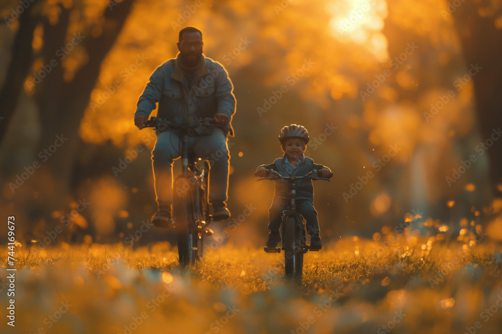 A military veteran in uniform teaching their child to ride a bike in a sunny park, a moment of joy and reconnection. - obrazy, fototapety, plakaty 
