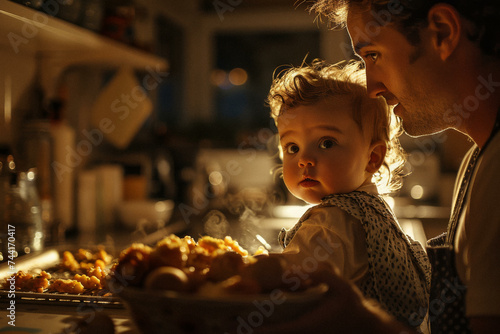 Parents teaching their child to cook a family recipe, the kitchen filled with the scents of heritage and the warmth of shared stories.