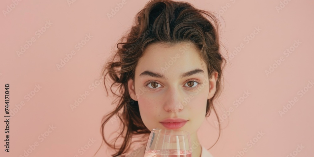 Portrait of a young beautiful woman taking care of her skin. A girl drinks liquid collagen. Pink drink. Supplements. Vitamins. Portrait of a young beautiful woman taking care of her skin. A girl drinks liquid collagen. Pink drink. Supplements. Vitamins.